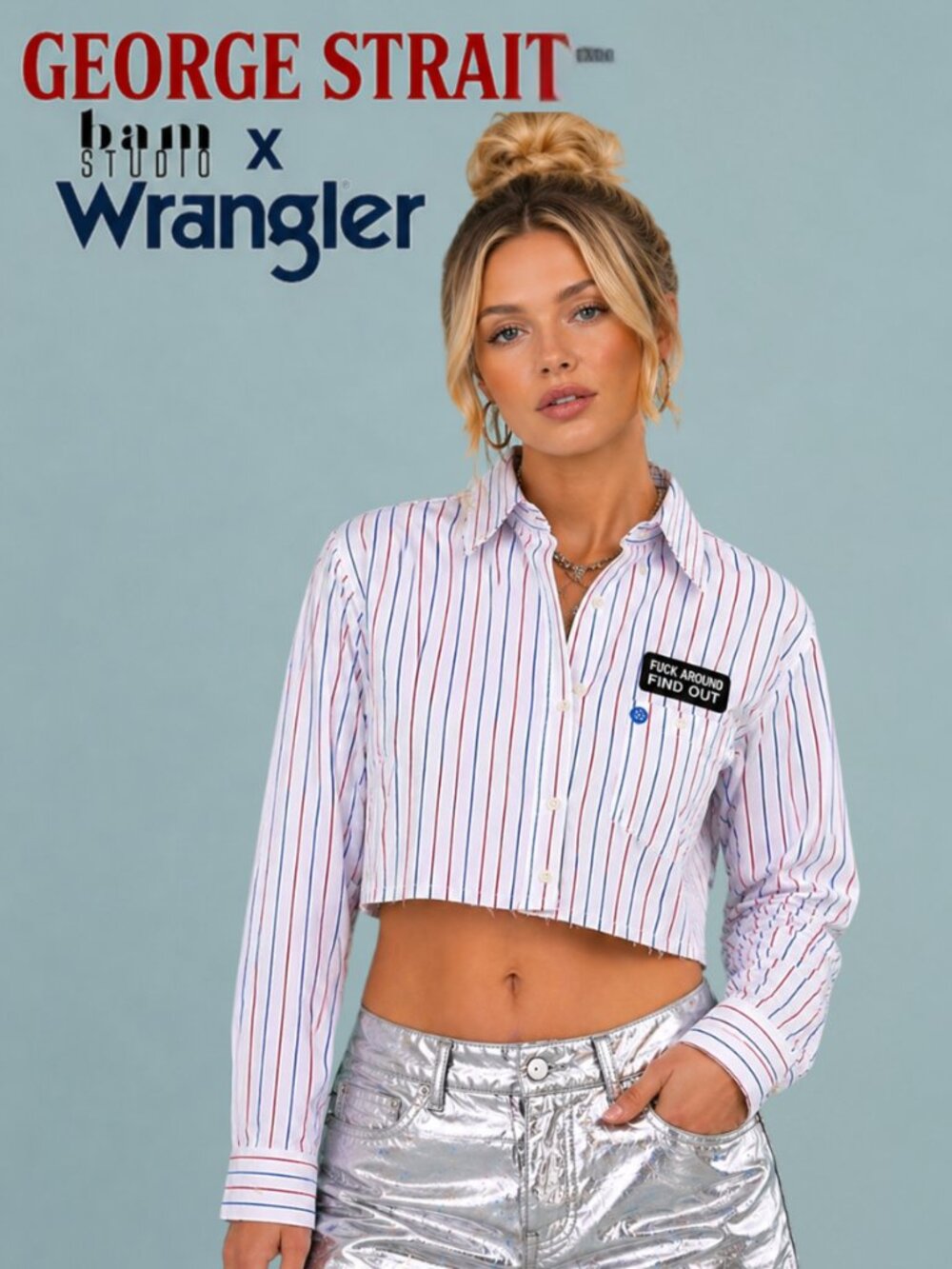 George Strait Wrangler Button-Up Crop Top | Custom Patch Shirt | Western Medium